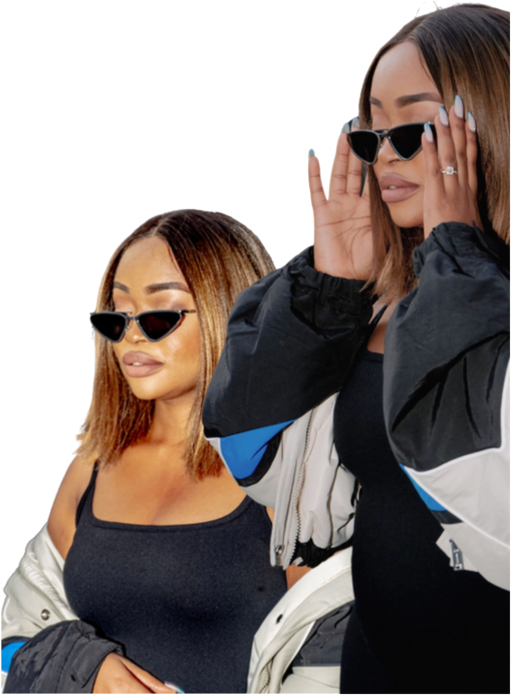Lenaa I AM in a double pose wearing sunglasses and a black and blue jacket, from her official 2022 artist launch